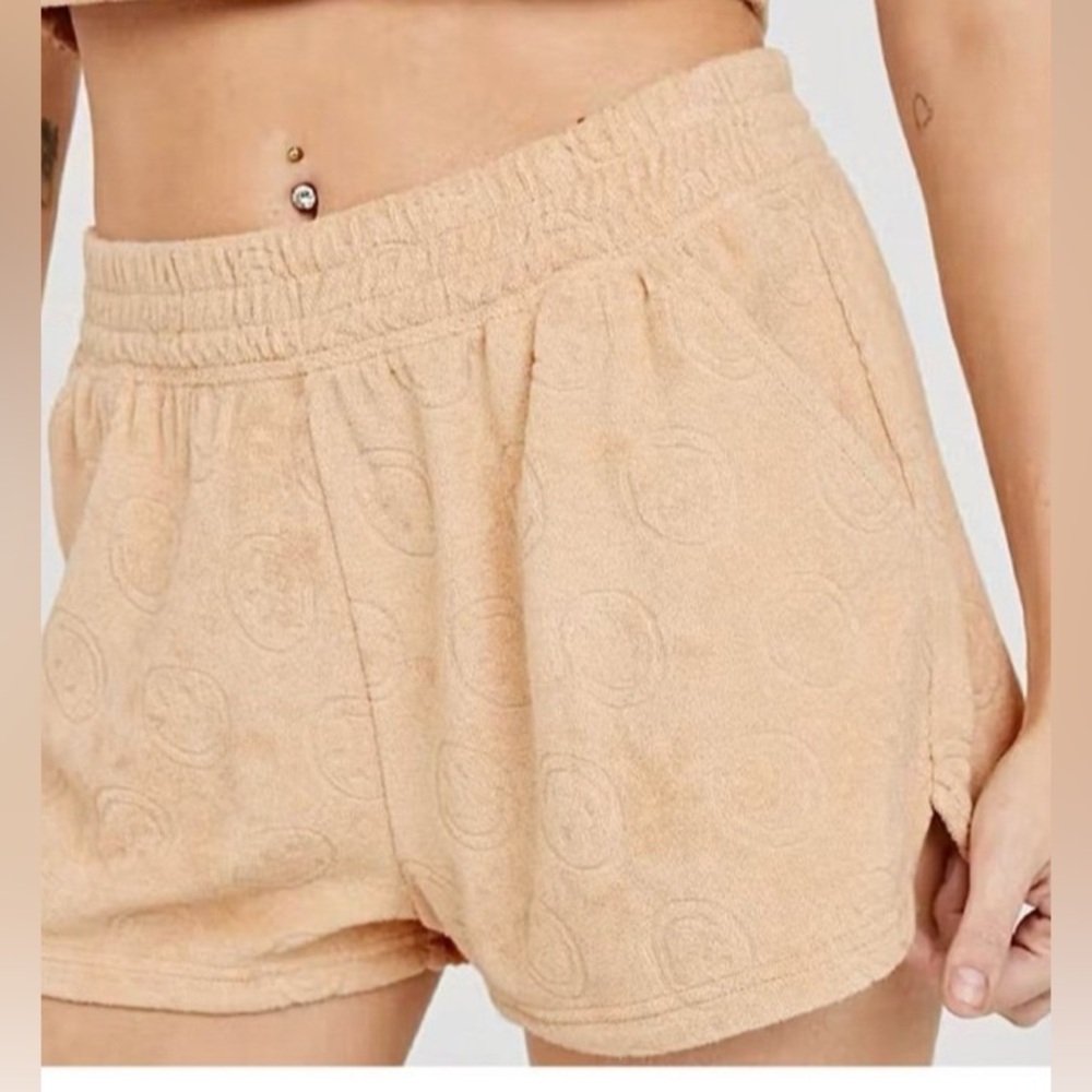 AERIE OFFLINE Terrycloth Shorts Brown Lounge Smiley Face High Rise PJ Bottoms L